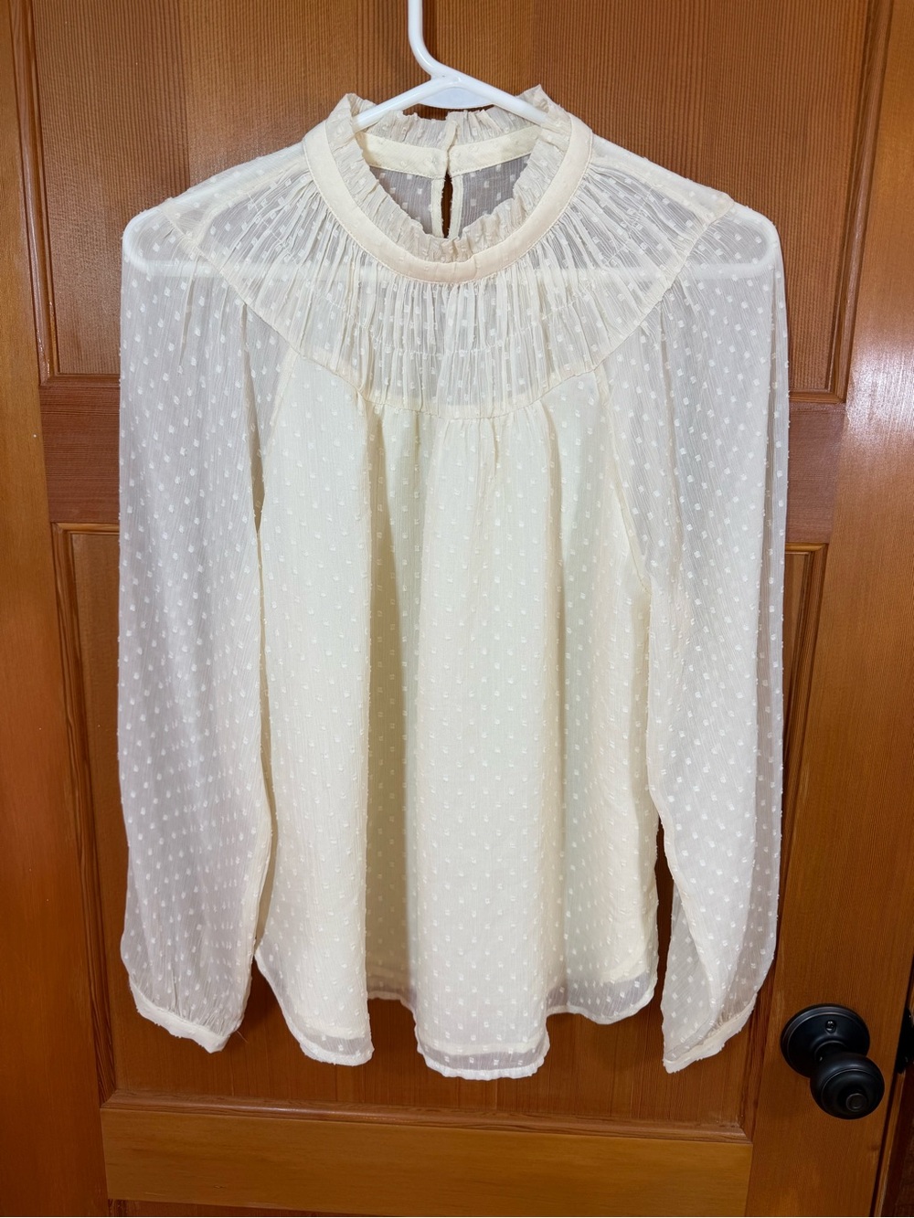 LOFT Cream Swiss Dot Ruffle Yoke Blouse